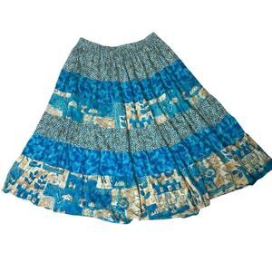 Vintage Y2K Tiered Maxi Skirt Boho Animal Print Teal Beige Size 4X